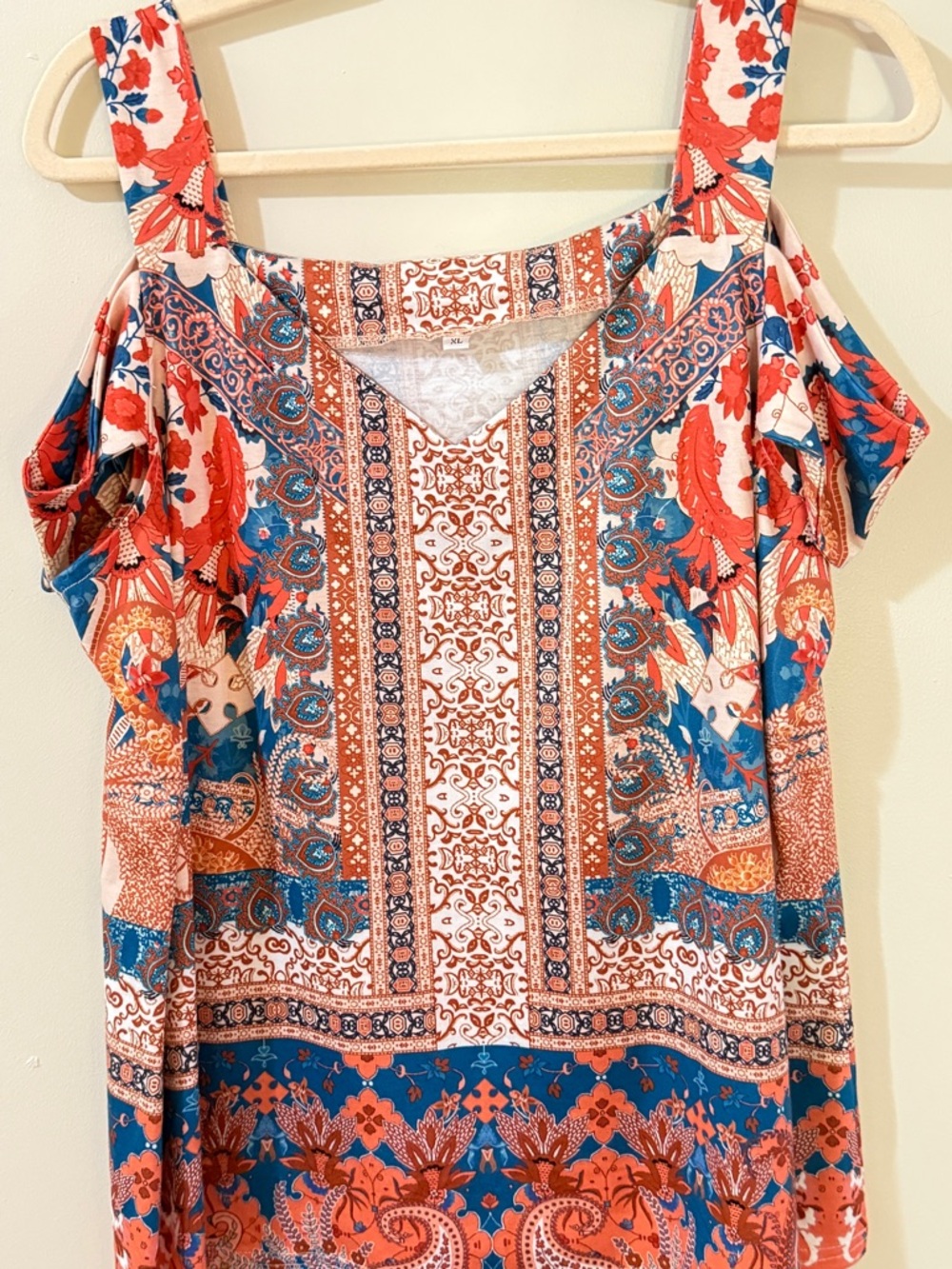 Cold-Shoulder Floral Print Women's Top in Coral & Teal blue